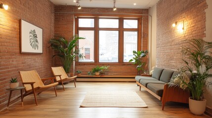 Fototapeta premium A creative coworking space with exposed brick walls, modern art, and industrial-style lighting. Cozy and vibrant.