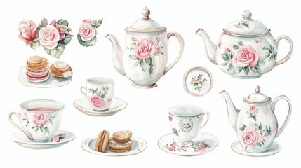 Watercolor illustration of British afternoon tea,tea break in the English style,tea set with Afternoon tea stand with macaroons and scone,cake,cup of tea,Tea time dessert table,vintage style.
