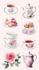 Watercolor illustration of British afternoon tea,tea break in the English style,tea set with Afternoon tea stand with macaroons and scone,cake,cup of tea,Tea time dessert table,vintage style.