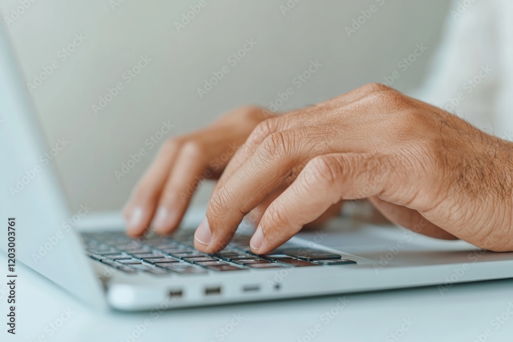 Poster cyber-optimized workspace korean professionals hands typing on sleek laptop with graph-rich e-procur