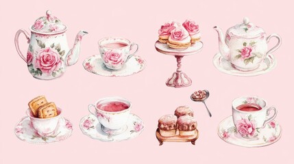 Watercolor illustration of British afternoon tea,tea break in the English style,tea set with Afternoon tea stand with macaroons and scone,cake,cup of tea,Tea time dessert table,vintage style.