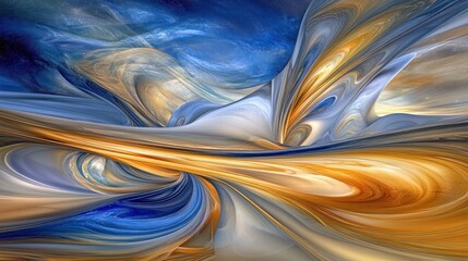Abstract swirling cosmic landscape in blues golds and grays