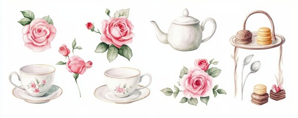Watercolor illustration of British afternoon tea,tea break in the English style,tea set with Afternoon tea stand with macaroons and scone,cake,cup of tea,Tea time dessert table,vintage style.