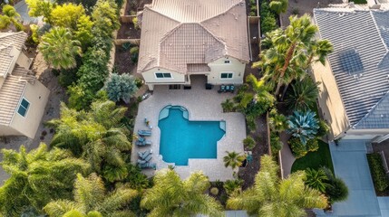 Aerial View of a House with Pool and Lush Landscaping