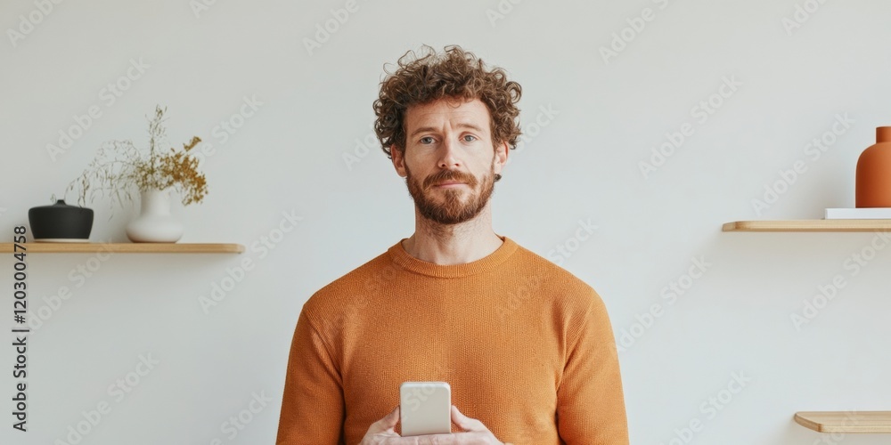 Poster minimalist smart living room design athletic caucasian male using app for motorized storage solution