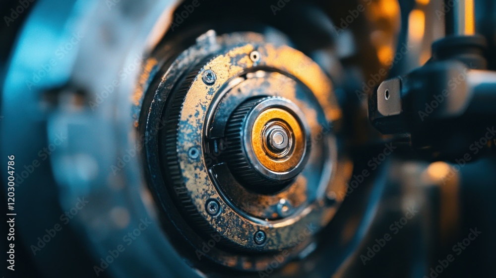 Poster closeup view of a rusty mechanical gear system