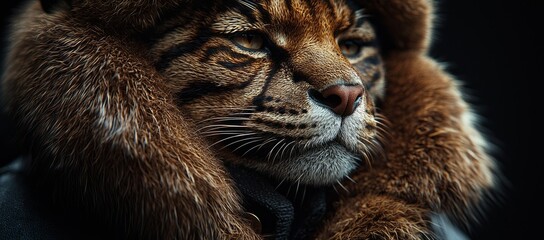 Naklejka premium Bobcat portrait, winter fur, dark background. Wildlife photography for nature magazines