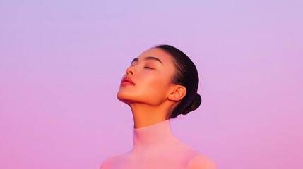 Mindful Serenity Minimalist Shot of Asian Woman Embracing Inner Peace Against Soft Lavender - Modern Wellness Branding and Mindfulness Marketing Content