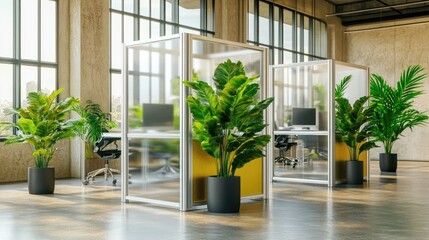 Bright and spacious office space with glass dividers, individual workstations, and indoor plants.