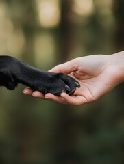 Warm Natural Connection Latina Womans Hand Supporting a Black Labradors Paw Amidst Sunlit Forest - Canine Loyalty Imagery for Emotional Branding and Pet Care Marketing