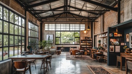 Bright, industrial-style workspace with metal beams, large windows, and contemporary desks.