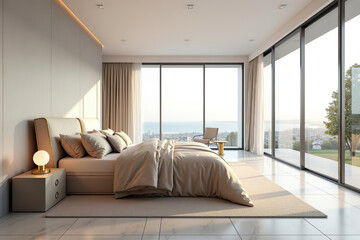 Fototapeta premium Modern Luxury Bedroom with Panoramic Windows and Elegant Gold-Edged Double Bed