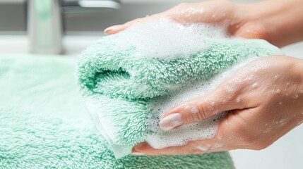 Fototapeta premium Caregiver selecting gentle shampoo for elderly residents with sensitive skin