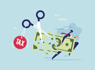 Losing money from tax problem concept, economic crisis or recession, businessman holding big dollar banknote money while loss, crumble and reduce in value