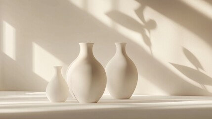White vases, sunlight, shadows, minimalist, interior, still life, home decor, design