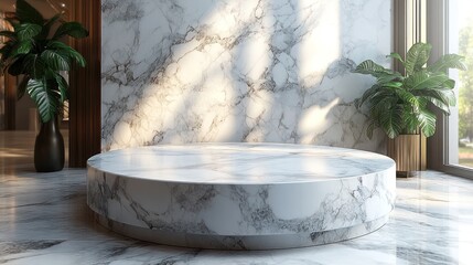 Modern marble interior with a circular platform, sunlight streaming through large windows, lush greenery