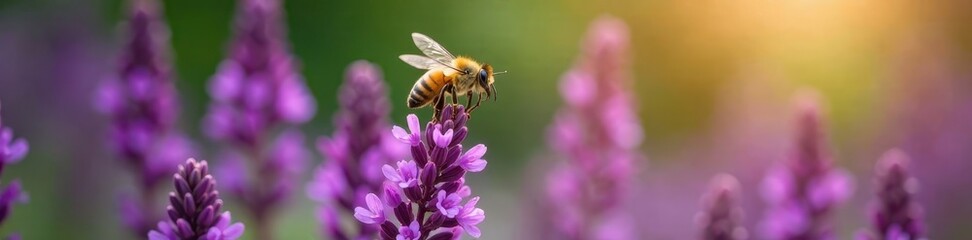 Yellow bee soars above vibrant purple flowers, wings, yellow
