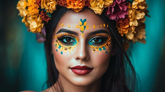 portrait of pretty woman wear make up and dress in skull and flower blossom vibrant color , Day of the Dead	
