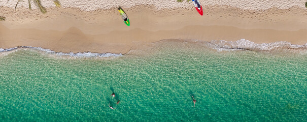 Top view aerial image from drone of an stunning beautiful sea landscape beach with turquoise water with copy space for your text.Beautiful Sand beach with turquoise water,aerial UAV drone shot