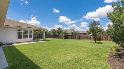 Suburban Backyard Lawn With House And Fence