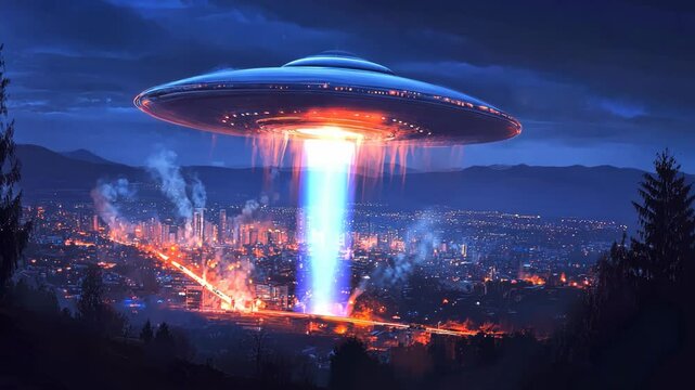 animation clip illustration of UFO invade on urban city 
