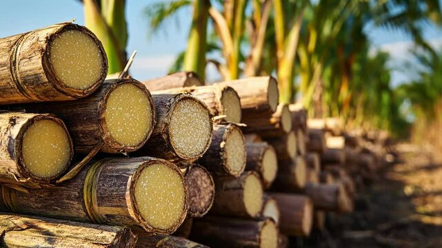 A Pile of sugarcane with some yellow cylinders The wood is arranged in rows and cylinders and has a yellow color from processed sugar.