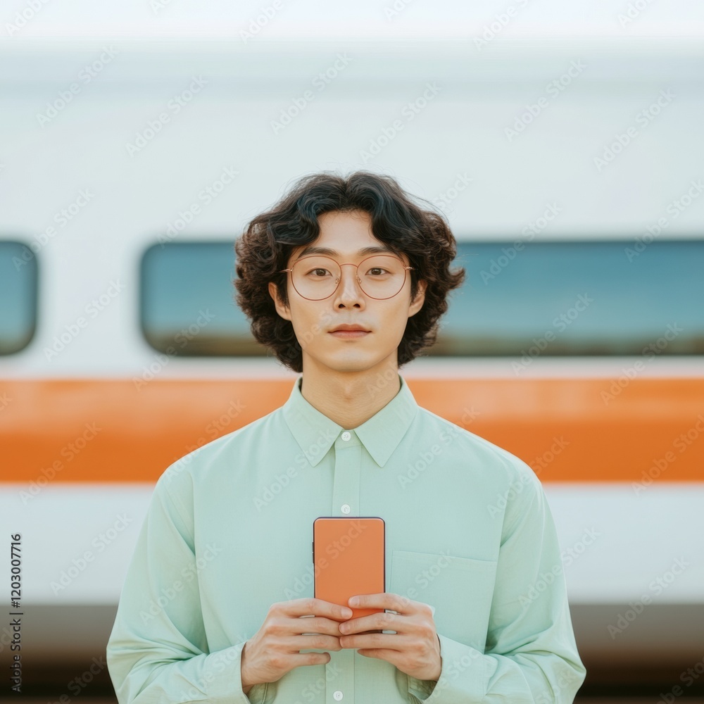 Poster tech-driven commuting young professional in casual chic with smartphone - real-time connectivity and