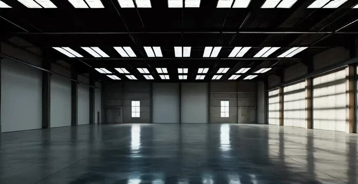 Generate an image of a large, empty industrial space with a high ceiling and a polished concrete floor. The space should be illuminated by a grid of bright, overhead lights, casting dramatic shadows