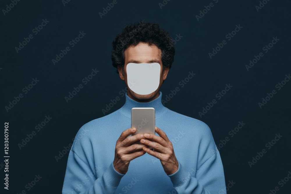 Poster Futuristic Digital Identity Indian Man, 30s, with Smartphone and Biometric Facial Recognition - Enhancing Mobile Security and Cybersecurity in Modern User Authentication