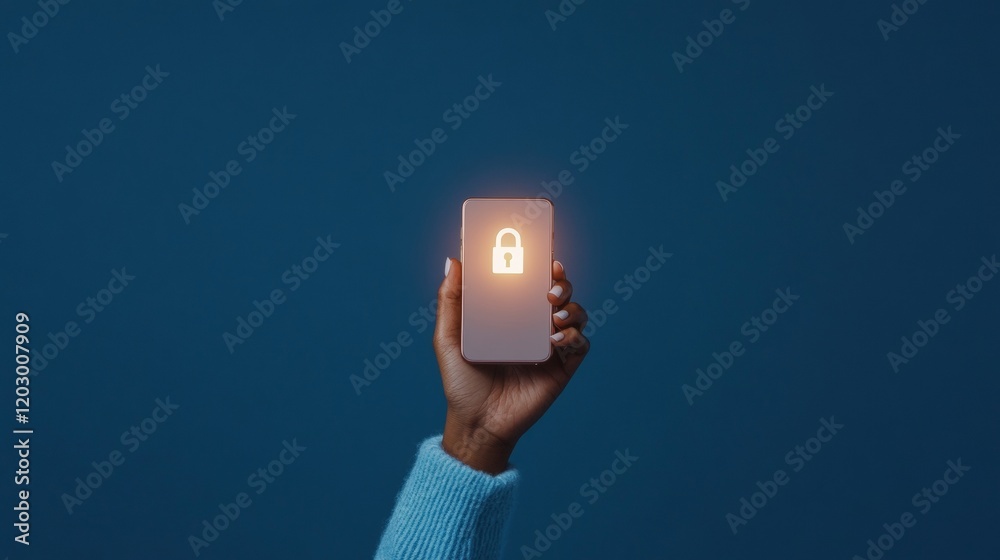 Aufkleber Cybersecurity Aesthetics Indian Womans Hand with Mobile Display of Digital Lock Symbol on Dark Background - Next-Gen Privacy and Mobile Authentication for Tech-Driven Business Solutions