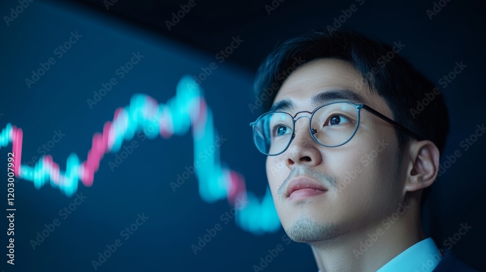 Poster High-Tech Cryptocurrency Insight South Korean Professional Analyzing Blockchain Data on Digital Screen - Strategic Finance and Market Volatility Solutions