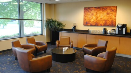 Cozy breakout area in an office with comfortable chairs, a coffee station, and plenty of natural light.