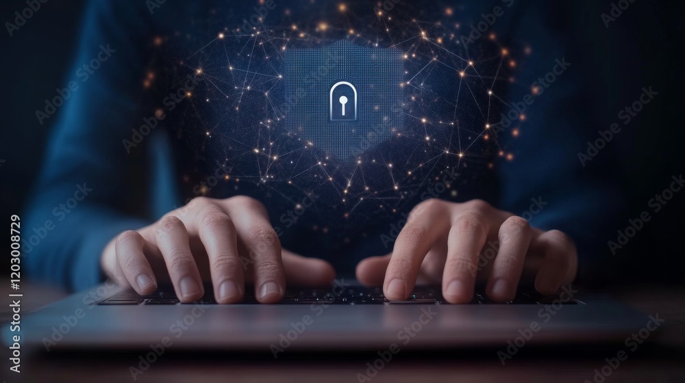 Aufkleber Cybersecurity Mesh Concept Interactive Digital Network with Advanced Lock Icon on Screen - Cutting-Edge Technology for IT Security and Business Innovation
