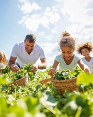 Family Farm Fun Diverse Group Enjoying Organic Harvest in Lush Garden - Promoting Sustainable Agriculture and Nature-Based Learning for Eco-Friendly Family Activities