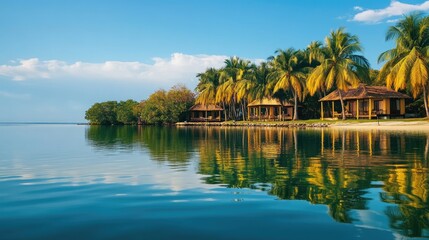 Tropical Beachfront Cabanas Under Palm Trees