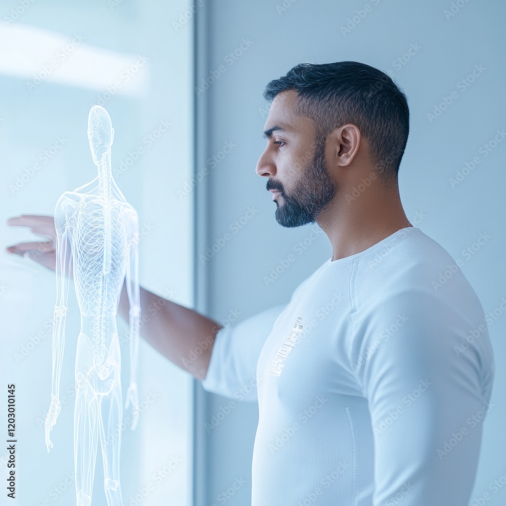 Aufkleber Desaturated Tech-Enabled Biometric Analysis in Wellness Facility South Asian Consultant Examines Data on Glass Display - Advanced Health Innovation and Modern Wellbeing Sensors