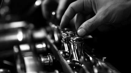 Fototapeta premium Hands carefully placing a piston into the engine block using proper alignment techniques.