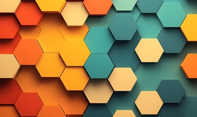 Obraz premium Abstract 3D hexagonal pattern in orange, teal, and beige.