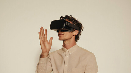 Exploring Virtual Reality: A young man with curly hair, wearing a beige shirt, is immersed in a virtual reality experience, his hand outstretched as if interacting with the digital world.