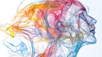 A colorful, abstract painting of a woman's face with a fiery