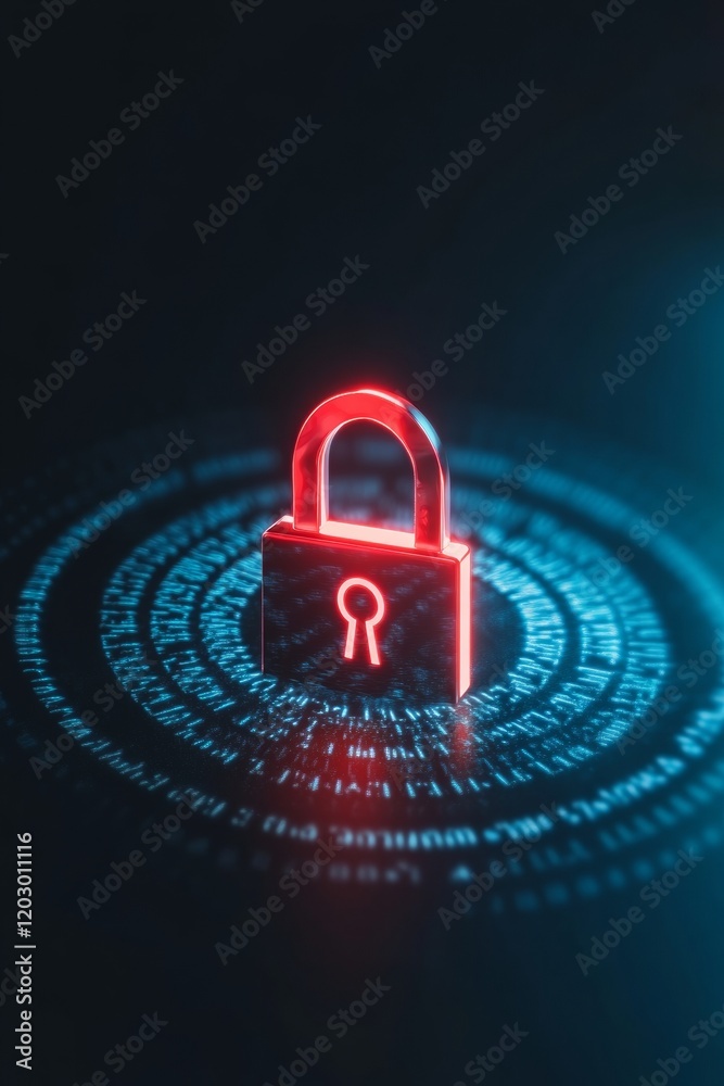 Poster Futuristic Cybersecurity Interface Glowing Red Padlock with Rotating Binary Code for Enhanced Business Protection - Digital Safety Content and Innovative Online Privacy Solutions