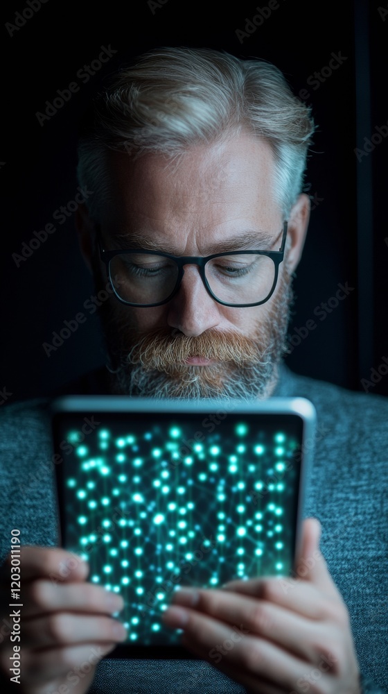Poster contemporary digital security mature male accessing secure server on tablet in modern office - cyber
