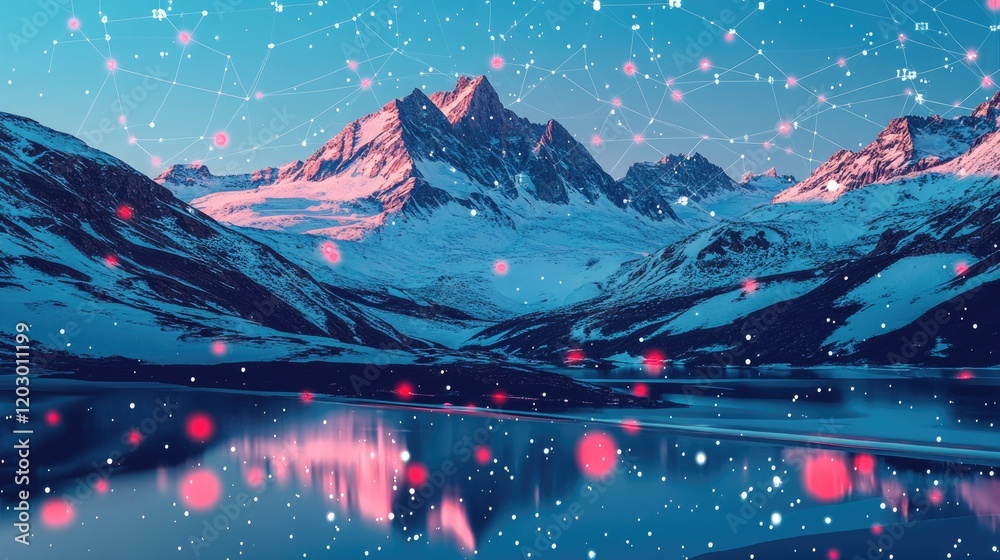 Poster snowy mountain range reflecting in a calm lake at dusk