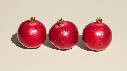 Trio of Pomegranates: Three vibrant red pomegranates, aligned in a row, exude a sense of simple elegance, a perfect balance of color and form. Each pomegranate casts a soft shadow.
