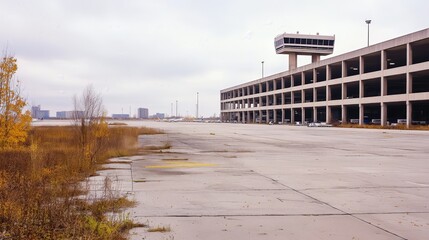 An abandoned parking structure next to an empty field, with a control tower in the background.