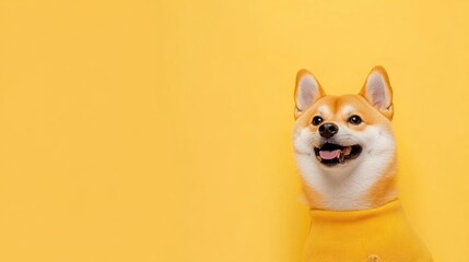Cheerful Shiba Inu in a yellow sweater against a bright backdrop
