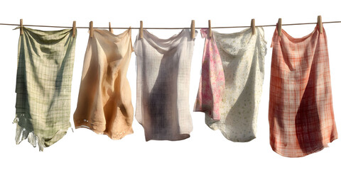 Drenched clothes hanging on the line isolated on a transparent background