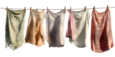 Drenched clothes hanging on the line isolated on a transparent background