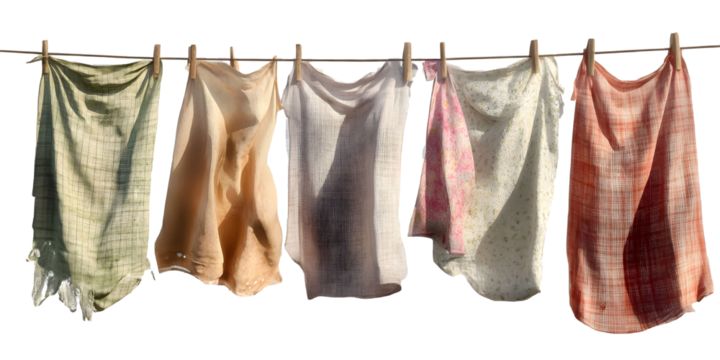 Drenched clothes hanging on the line isolated on a transparent background