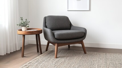 Modern armchair with wooden legs sits on a rug near a window